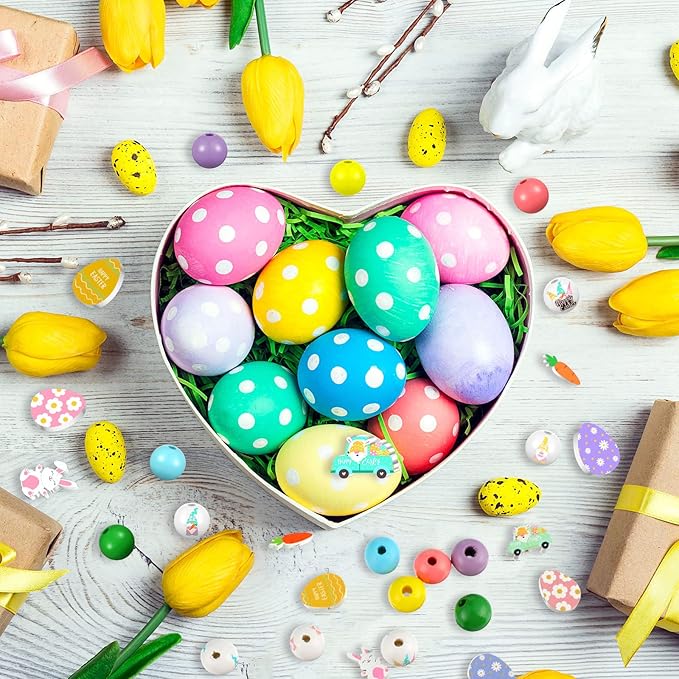 200 Pcs Easter Wooden Beads Colorful Round Flat Craft Bead Egg Colored Wood Craft Bunny Truck Midget Carrot Bead Handmade Polished DIY Crafts Garland Tray Decor