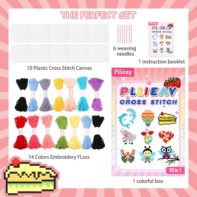 Pllieay Kids 10-in-1 Cross Stitch Beginner Kit for Kids, Includes Instruction of 10 Different Patterns, 10 Blank Plastic Canvas for Needlework, and 14 Colored Threads, Needlepoint Starter Sewing Set