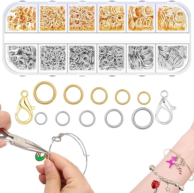 5 Sizes(1200pcs) Open Jump Rings for Jewelry Making, Gold & Silver Non-Tarnish O Ring Connectors, DIY Necklace Repair, Bracelets, Earrings, Pendants, Keychains, Lobster Clasps, Charms