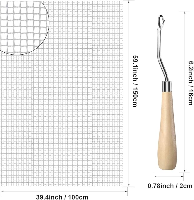 WILLBOND 2 Pieces Blank Rug Hooking Mesh Latch Hook Mesh Canvas Kit with 2 Pieces Wooden Bent Tool for DIY Tapestry Canvas(59 x 39 Inches)