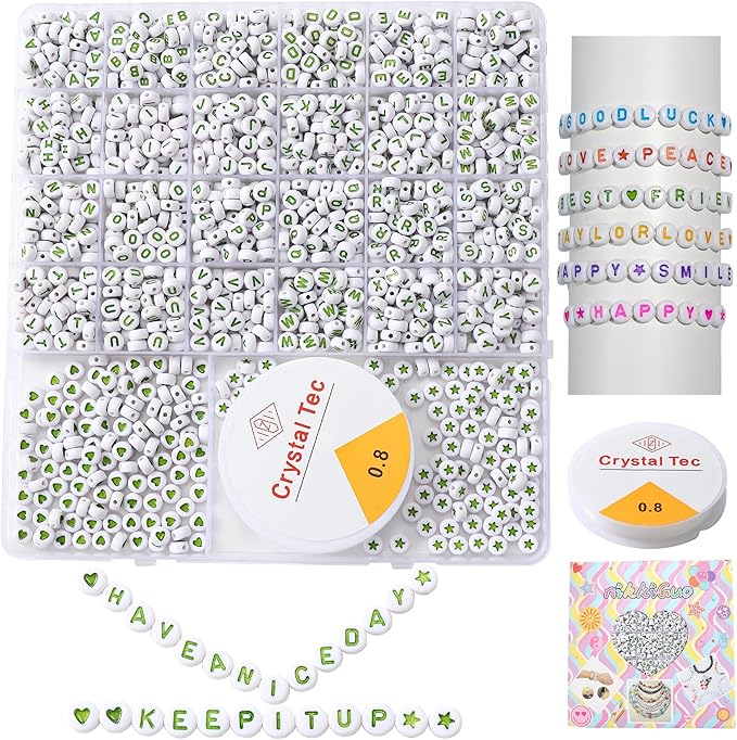 nikkiGuo 1250pcs 4x7mm White Round Acrylic Alphabet Beads A-Z Heart Beads with Numbers Crystal Line for Jewelry Bracelet, Necklace and Key Chains (Green White Color)