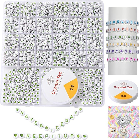 nikkiGuo 1250pcs 4x7mm White Round Acrylic Alphabet Beads A-Z Heart Beads with Numbers Crystal Line for Jewelry Bracelet, Necklace and Key Chains (Green White Color)