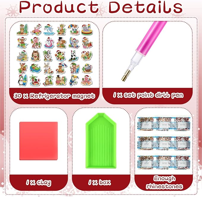 Xuhal 30 Pcs July Christmas Diamond Painting Magnets Beach Christmas Animal Diamond Art Magnets Kits for Adults 5D Rhinestone Summer Santa Hat Animal Refrigerator Magnetic Sticker for DIY Fridge Gifts