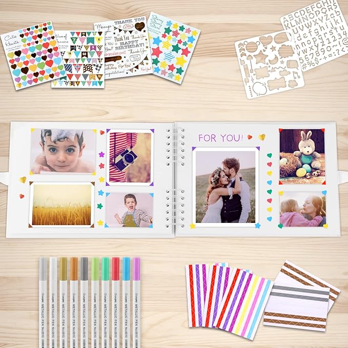 Gotideal 80 Pages Scrapbook Album with 10 Metallic Markers, Craft Paper Photo Album for Wedding and Anniversary, Family DIY Scrapbook Accessories with Scrapbooking Stickers Corners(White)…