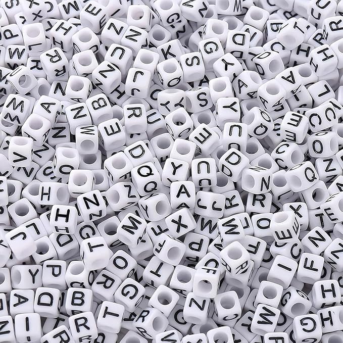 Alphabet Beads A-Z 1000+Pcs Letter Beads, Acrylic 4x7mm Round Letter Bead Kits,Black Digit and Colorful Smile Bead for Bracelets Necklaces DIY Jewelry Making (Square White,1000+PCS)