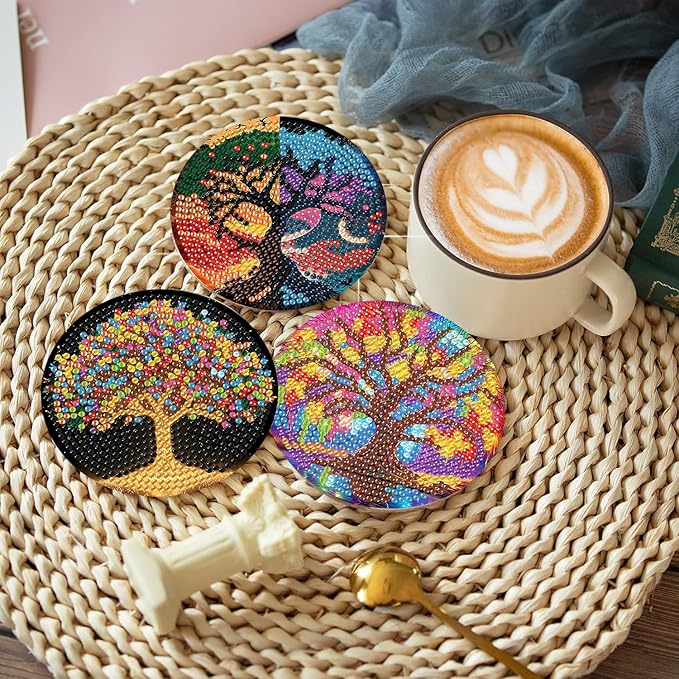 igoodom 8 Pcs Tree of Life Diamond Art Coasters Kit with Holder, DIY Tree Diamond Painting Coasters for Beginners Adults, Non Slip Diamond Art Kits Craft Supplies 4x4inch