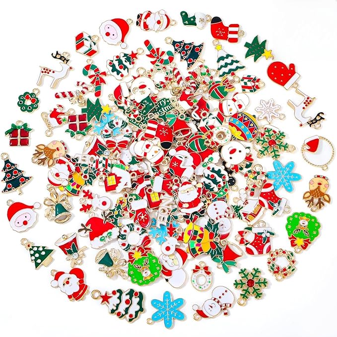 Modacraft 120 Pcs Christmas Charms for Jewelry Making, Multiple Styles Gold Enamel Pendant Charms with Santa Snowflake Tree for DIY Bracelet Necklace Earring Keychain Craft Supplies Holiday Decor Gift
