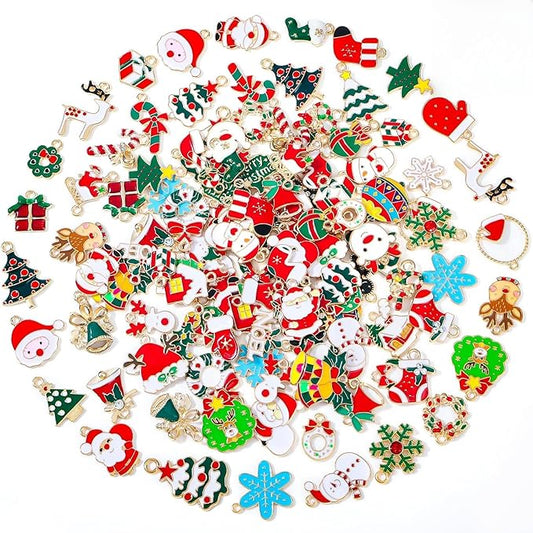 Modacraft 120 Pcs Christmas Charms for Jewelry Making, Multiple Styles Gold Enamel Pendant Charms with Santa Snowflake Tree for DIY Bracelet Necklace Earring Keychain Craft Supplies Holiday Decor Gift