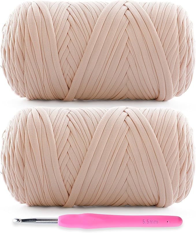 2 Pack Soft T-Shirt Yarn for Crochet, T Shirt Yarns for Crocheting Crafts, Bags, Basket, Coaster, Tshirt Yarns - 800 G/260 Yds with 1 Crochet Hook (2, Beige)
