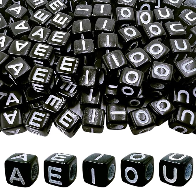 MIIIM 500pcs Vowel Pony Letter Beads for Keychains Making (A, E, I, O, U), 6x6mm Large Hole Square Letter Beads for Bracelets Making, Alphabets, Numbers (Black and White)
