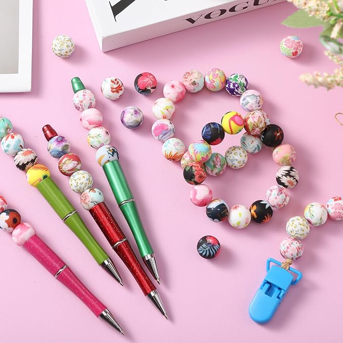 Ferreve 120 Pcs 15mm Silicone Beads Bulk Flower Silicone Beads Floral Print Rubber DIY Bracelet Making Kit for Keychain Making Pens Necklace Jewelry(Flower)