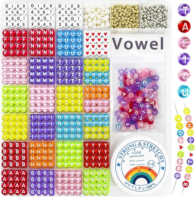 MIIIM 1920 Pcs Pony Beads Letters for Bracelets Making, Vowel-Rich Alphabet Kit with Minimized Rare Characters, 4x7mm Round Letter Beads, Numbers (Clear Colorful)