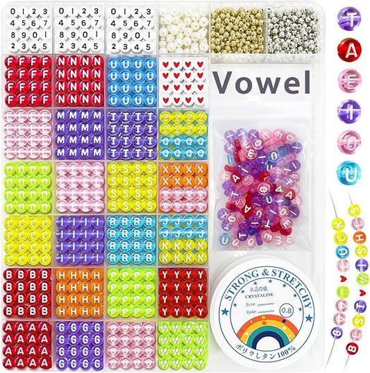 MIIIM 1920 Pcs Pony Beads Letters for Bracelets Making, Vowel-Rich Alphabet Kit with Minimized Rare Characters, 4x7mm Round Letter Beads, Numbers (Clear Colorful)