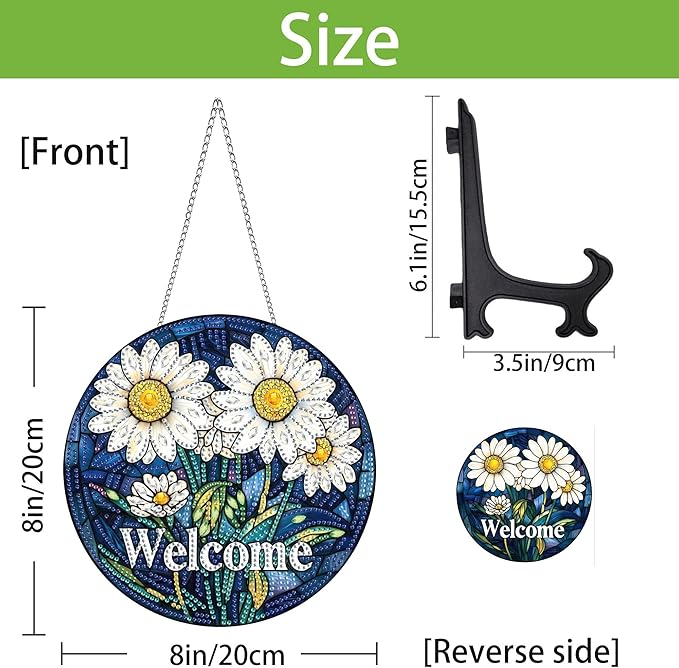 Wergund 5D DIY Welcome Diamond Art Hanging Kits, Hanging Diamond Art Daisy, Acrylic Special Shaped Rhinestone, Window Hanging Pendants for Home Wall Garden Front Door Outdoor Decor Gift(Welcome)