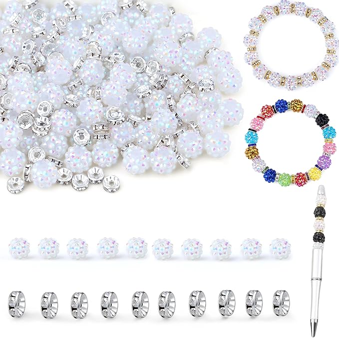 LAIDANLA 250pcs 12mm White Rhinestone Beads and 8mm Silver Rondelle Spacer Beads for Beadable Pens, Sparkly Shamballa Disco Baseball Bead for DIY Bracelets Necklaces Earring Craft