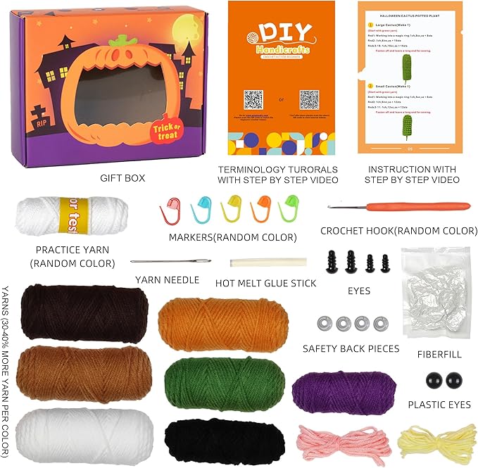 Spearlcable Crochet Kit for Beginners Halloween Crochet Starter Kit DIY Amigurumi Crafts for Adults with Step-by-Step Video Tutorials, DIY Crochet Knitting Kit Halloween Decor