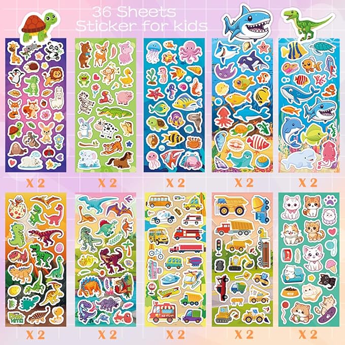 karslora 36 sheets stickers for kids, 800+ stickers for scrapbooking including animals, fruits, dinosaurs, hearts, cats, fish, cars, space and more, party favors for kids