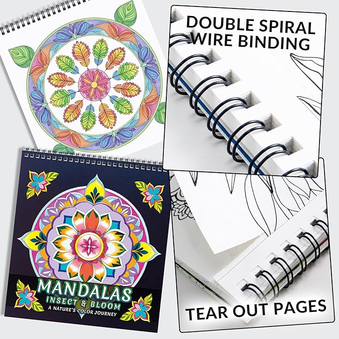 FUN LAVIE Adult Coloring Book - Mandala Coloring Books for Adults Relaxation and Teens Stress Relief, Featuring Large Print Mandalas Insect & Bloom Patterns for Women Mindfulness, Spiral Bound
