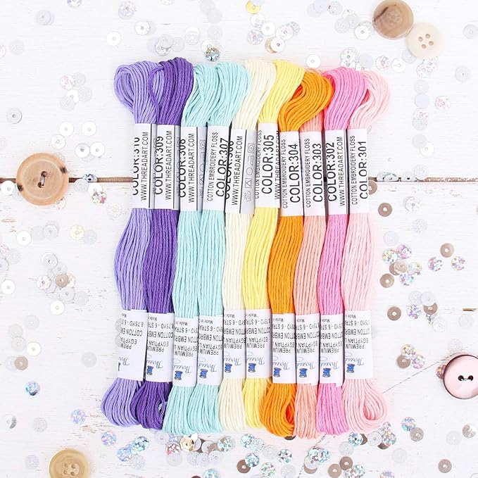 ThreadArt Premium Egyptian Long Fiber Cotton Embroidery Floss Thread Kit in Confetti Colors - Six Strand Set for Hand Embroidery, Friendship Bracelets, Cross stitch and Crafts