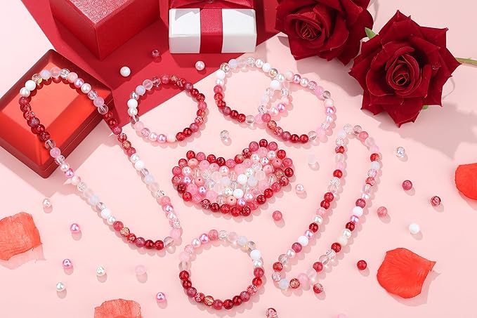 360Pcs Valentines Glass Beads for Jewelry Making, 18 Colors 8mm Round Red Pink White Crystal Bead Valentines Beads for Bracelets Necklaces Romantic Accessories Kit Earring DIY Crafts