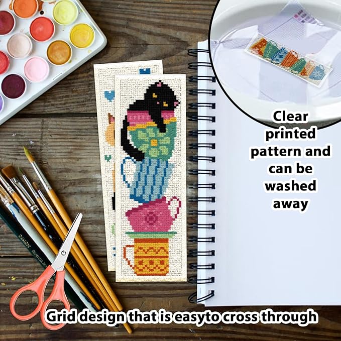 ORIGACH 6 Pcs Cross Stitch Bookmark Kit for Beginner with Backing Felt Floss Instruction Cat Teacup DIY Stamped Embroidery Bookmark Kit for Starter Adults Book Lovers