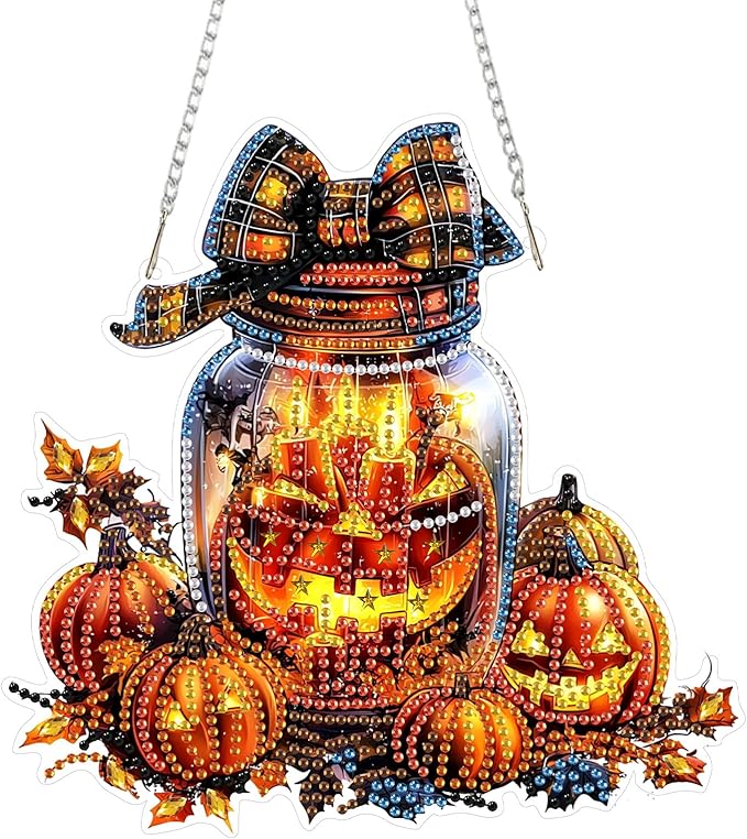 SENQAO Halloween Diamond Art Hanging Kits for Adults Beginners, DIY Acrylic 5D Special Shaped Crystal Diamond Gem Art Painting Hanging Ornament for Home Wall Decor and Gift（Pumpkin Bottle Lantern）
