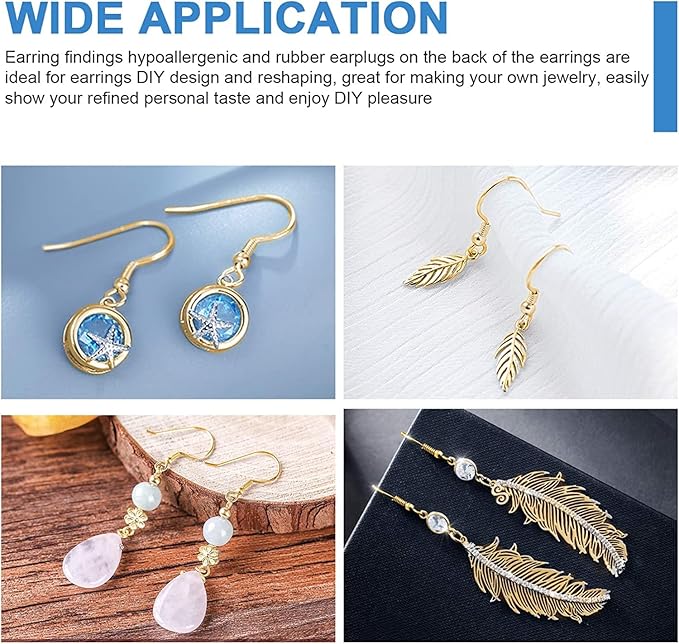 925 sterling gold earring hooks 120 pcs/60 pairs, ear wires fish hooks, hypo-allergenic jewelry findings parts with 120 pcs clear silicone earring backs stoppers