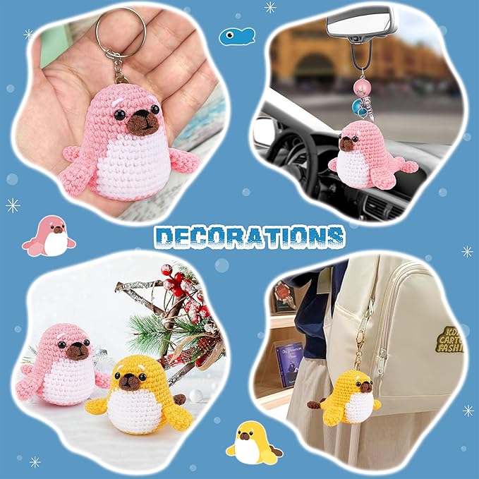 fortuning's jds crochet kit for beginners - seal crochet kits with step-by-step video tutorials, beginner crochet kit for adults, crochet animal kit, 2 pcs seals with a fish crocheting set