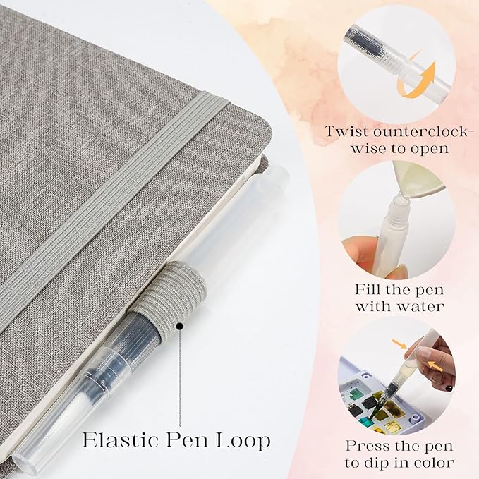 Watercolor Journal Sketchbook, 5.5" x 5.5" Sketch Books Artist Cotton Watercolor Paper, Linen Cover with Tap Water Pen, 24 Sheets 140 LB, 300 GSM for Travel Sketching On The Go Art, 2 Pack