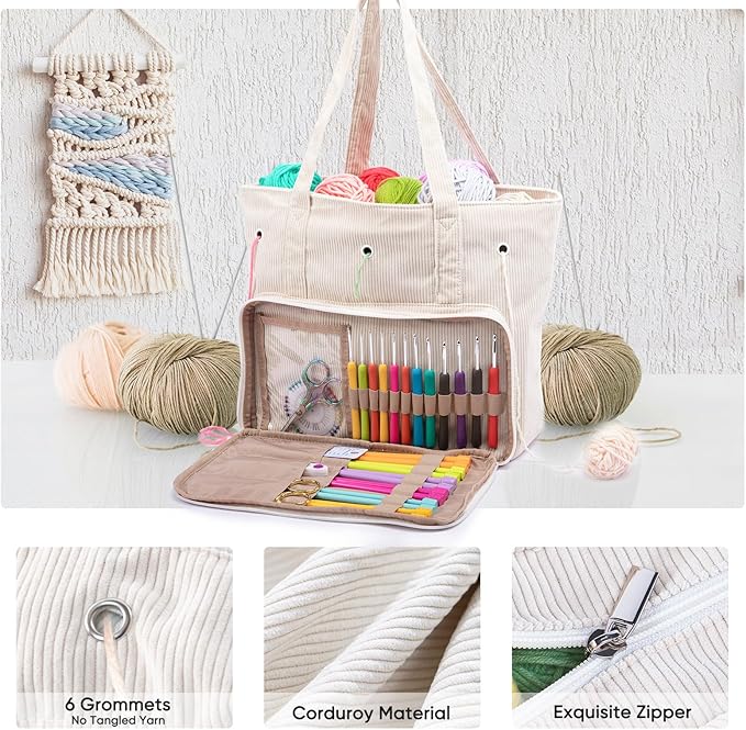 Large Corduroy Yarn Bag - Tote for Crochet Hooks & Accessories - Knitting Storage Bag