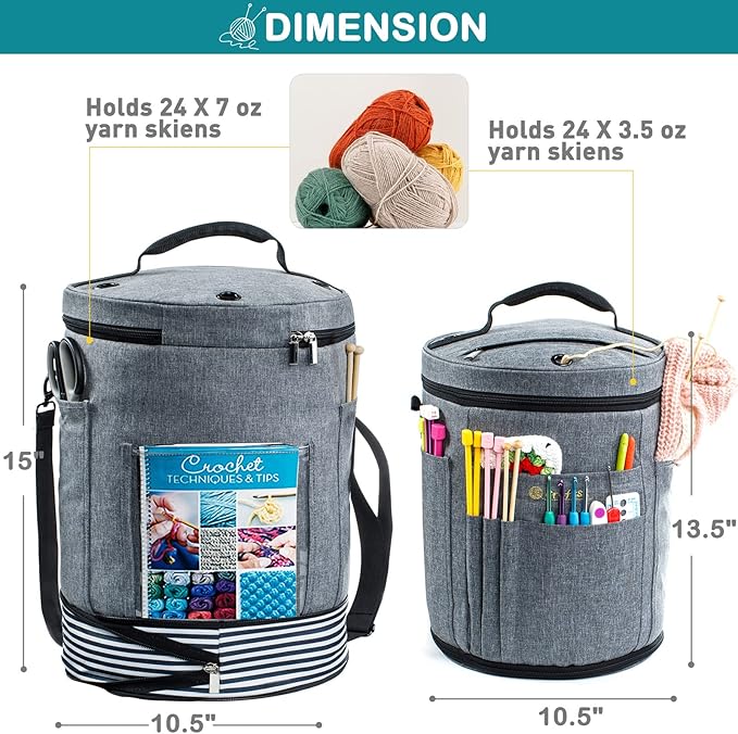 Expandable Yarn Storage Organizer, Crochet Bag & Yarn Tote with Zipper Closure, Yarn Holder for Crocheting and Knitting for Yarn Skeins, Hooks, Needles, Accessories – Gift for Crafters