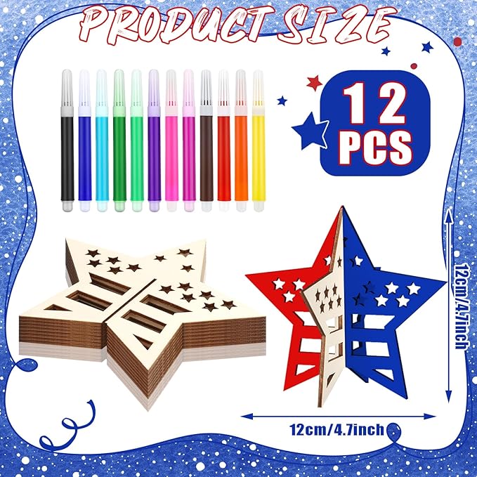 Blosssound 48 Pcs Patriotic Craft Set 36 Wood Stars Crafts 3D Stars Cutouts with 12 Colored Markers 4th of July Wooden Unfinished Slices to Paint for Memorial Day DIY Handmade Tiered Tray Decor