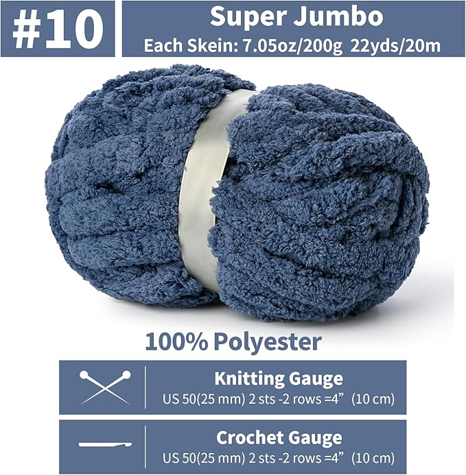 10 Pack Jumbo Chenille Yarn for Crocheting, #10 Super Bulky Baby Soft Yarn for Hand Knitting, 220 yds /70.5 oz Fluffy Chunky Knit Throw Blanket Yarn (Navy Blue)