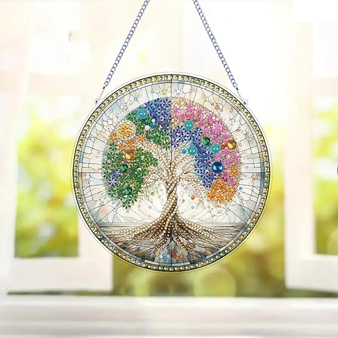 STGLCR DIY 5D Tree of Life Diamond Painting Kits Hanging Sign Wall Art Sign Tree Diamond Art Suncatcher Window Hanging Ornament Window Pendants Home Garden Wall Door 7.8inch