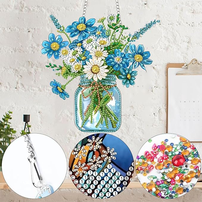 Yomiie Bouquet Vase Sun Catcher Window Hanging - DIY Double Sided Flowers Diamond Painting Pendant Kit, Acrylic Diamonds Art Ornament for Front Door Sign & Indoor/Outdoor Garden Decor(8x8 inch)