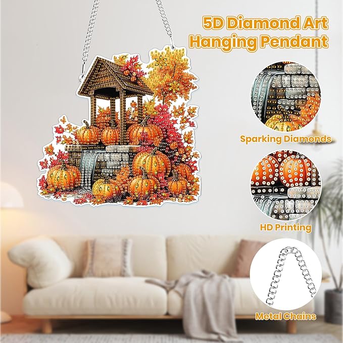 MOGTAA Fall Pumpkin Diamond Art Hanging Pendant Kits, Landscape Diamond Art Kits for Adults, 5D Special Shape Diamond Painting Gem Art for Home Garden Wall Decor