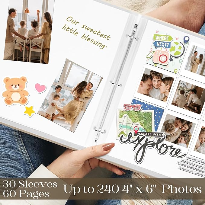 Vienrose Linen Scrapbook Photo Album Kit, Large 3 Ring Binder Scrapbook with 30 Plastic Sleeves, 15x13 Inch DIY Memory Book for Wedding, Anniversary, Family & Kids Keepsake Gift, Beige