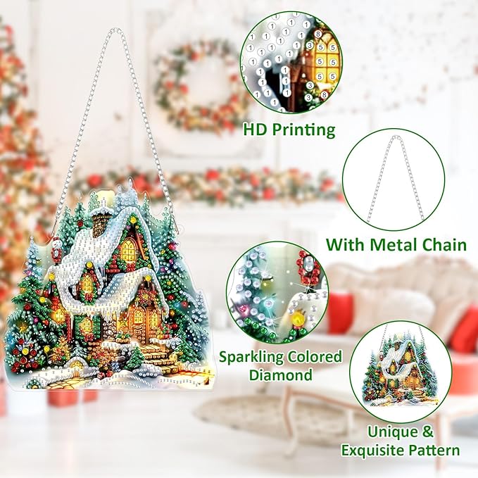 SENQAO Christmas House Diamond Art Hanging Kits for Adults Kids, Christmas Diamond Art Suncatchers, 5D Special Shape Diamond Painting Pendant Window Ornament Gifts for Home Garden Door Wall Decor