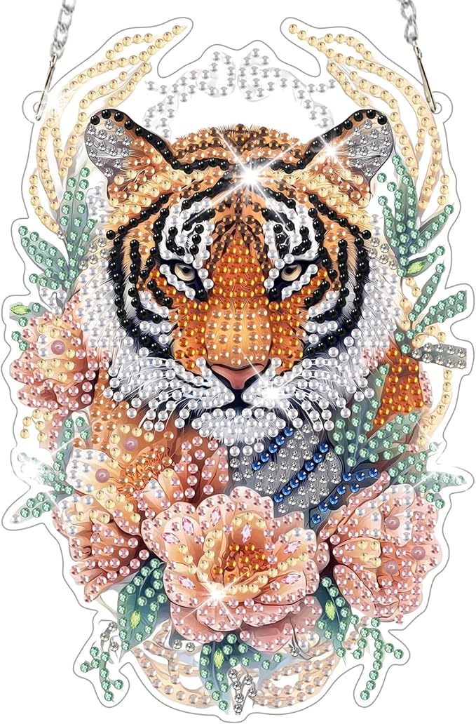 NAIMOER DIY Hanging Diamond Art Kits for Adults, Tiger Diamond Painting Kits, Special Shaped Rhinestone, Acrylic 5D Gem Art Craft Window Pendants Home Garden Wall Hanging Ornament Kits