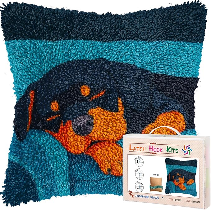 DIY Latch Hook Pillow Kits for Adults Rottweiler Dog Puppy Sleeping Printed Pillowcase Crochet Yarns Hooking Handmade Pillow Cover Cushion for Home Sofa Decoration 17x17inch-4