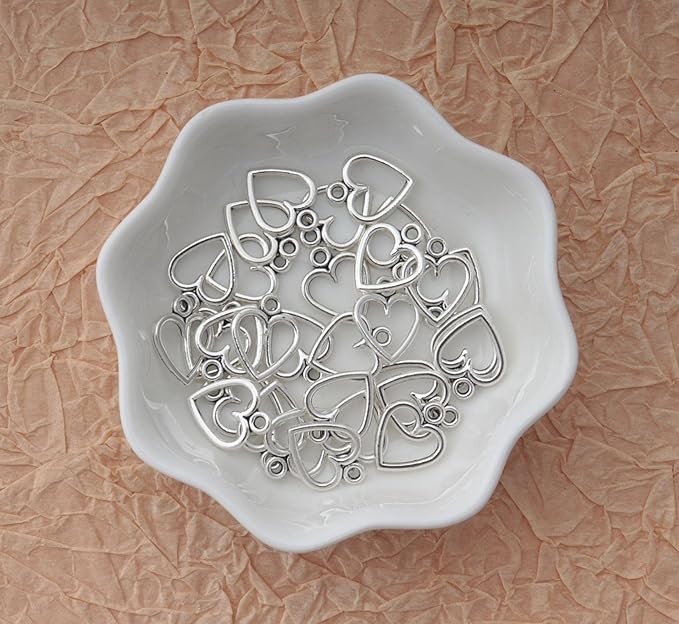 Ruwado 50 pcs Hollow Heart Charms Jewelry Making Kits for Jewelry Making 1.5 x 1.2 cm Accessories for DIY Crafting Project Christmas Tree Décor Necklace Bracelet Keychain Earring Supplies (Silver)