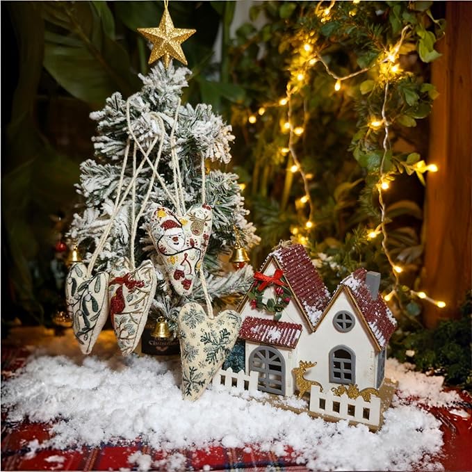 DIY Heart Shaped Hand Embroidered Christmas Ornament Kit Complete Craft Set with Pre-Printed Fabric Embroidery Thread Holiday Cross Stitch Decor for Beginners Adults and Home Decor (Finished product)