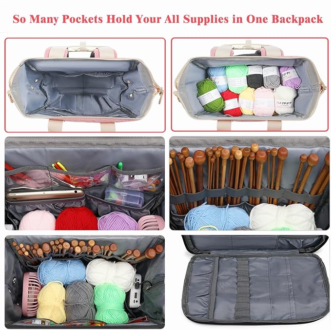 LTINVECK Knitting Bag Backpack,Yarn Storage Organizer Travel Crochet Bag,Large Capacity Yarn Storage Tote Bag Yarn Holder Case for Carrying Projects, Knitting Needles, Crochet Hooks Pink