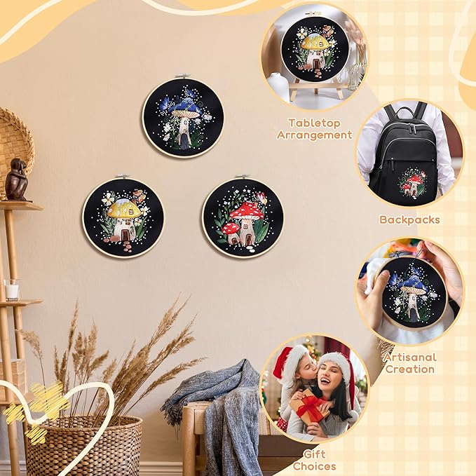 useamie 3 pack embroidery kit with botanical and floral classic prints, embroidery fabric, needle and thread, adult starter needlepoint embroidery kits