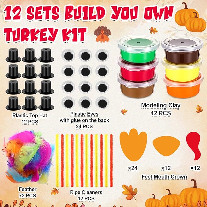 12 Sets Thanksgiving Turkey DIY Craft Kits Fall DIY Turkey Air Dry Clay Modeling Fall Crafts Ornament for Friendsgiving Thankful Dinner Party Activity Supplies Table Decorations