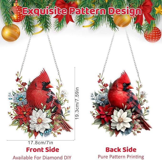 MEIYUDA Christmas Diamond Art Hanging Kits for Adult, Flowers Cardinal Diamond Painting Hanging Kits Ornaments, DIY Special Shaped Rhinestone Window Pendants kit for Home Garden Wall Decor Gift