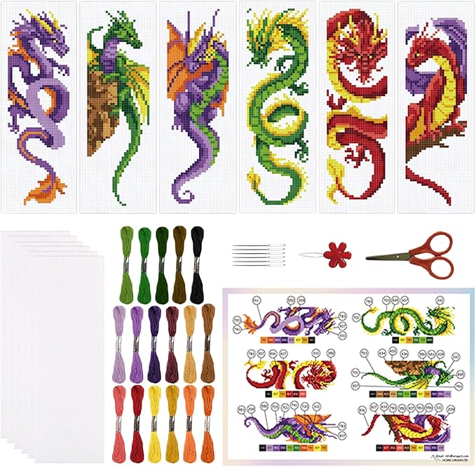 ORIGACH 6 Set Dragon and Loong Cross Stitch Bookmark Kit for Beginner with Backing Felt Floss Instructions DIY Stamped Embroidery Bookmark Kit for Adults, Book Lovers