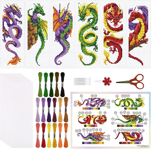 ORIGACH 6 Set Dragon and Loong Cross Stitch Bookmark Kit for Beginner with Backing Felt Floss Instructions DIY Stamped Embroidery Bookmark Kit for Adults, Book Lovers