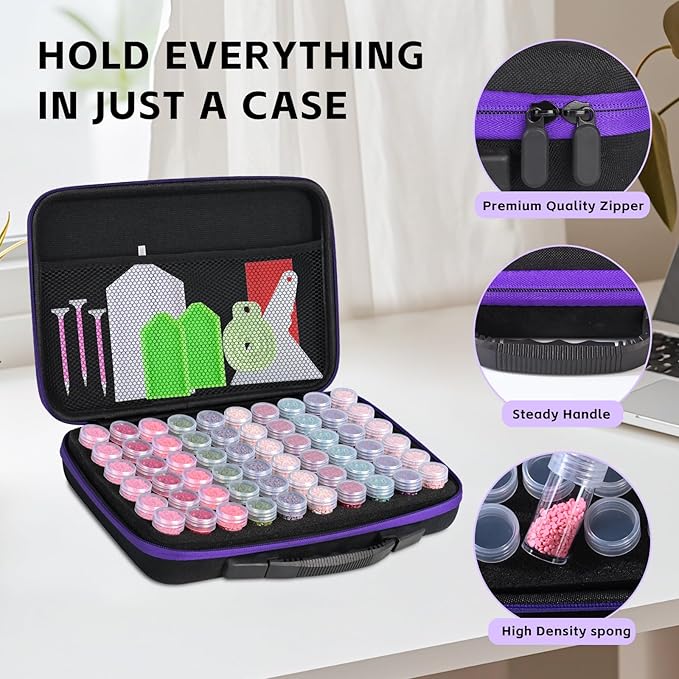 MERATIA 60 Slots Diamond Painting Storage Container, Diamond Art Kits for Adults Stackable Bead Organizer with Carrying Handle, Craft Storage Box with Accessories (Purple-60 Slots)