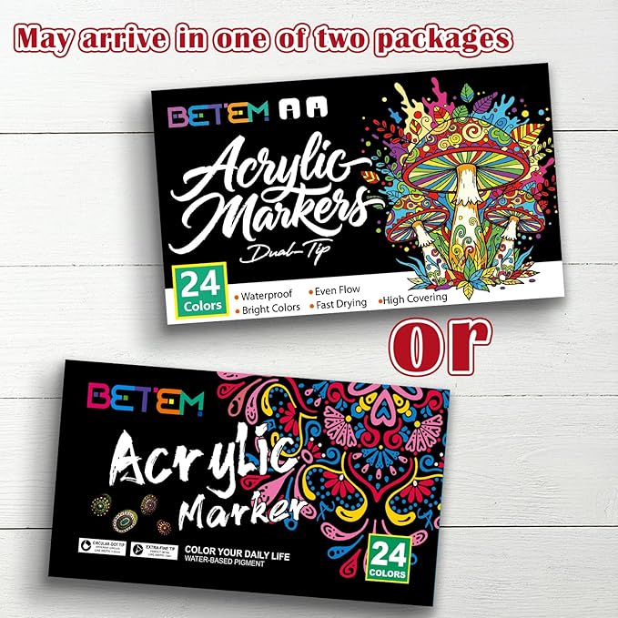 Betem 24 Colors Dual Tip Acrylic Paint Pens Markers, Fabric Decorating Kits Premium Water-Based Acrylic Paint Markers for Fabric, Rock, Wood, Glass, Eggs, Canvas, Ceramic, Easter Basket Stuffers